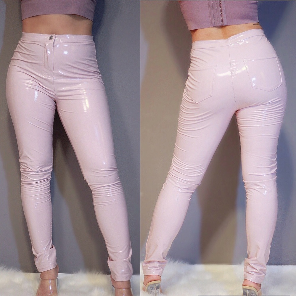 Baby pink latex high rise pants